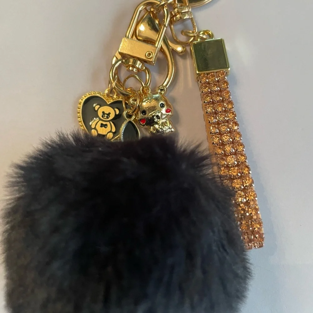 Gold and Black Pom Pom Keychain With 3 Charms – New